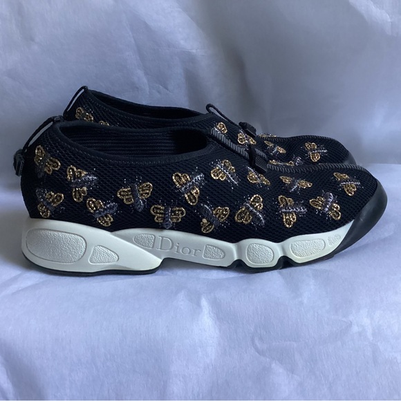 Authentic Dior Black Mesh Bee Embellished Fusion Sneaker, Size 7.5 - Picture 2 of 8